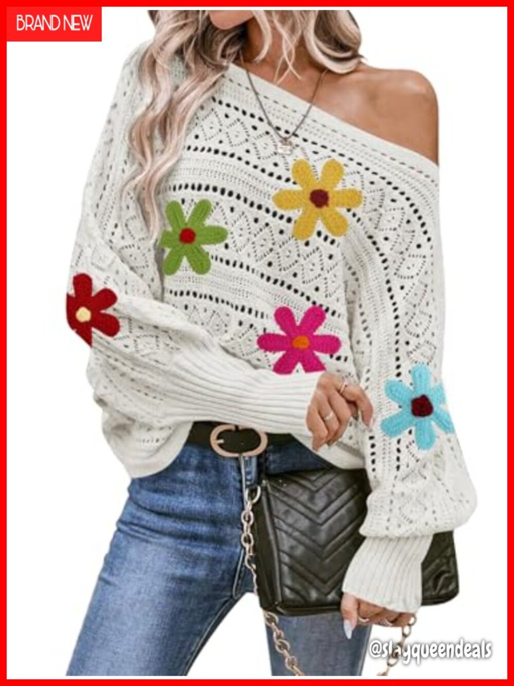 Crochet Off Shoulder Oversized Pullover Sweater Batwing Sleeve